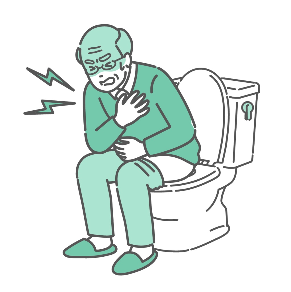 トイレでヒートショックを起こし胸を押さえる高齢男性(おじいさん)のイラスト