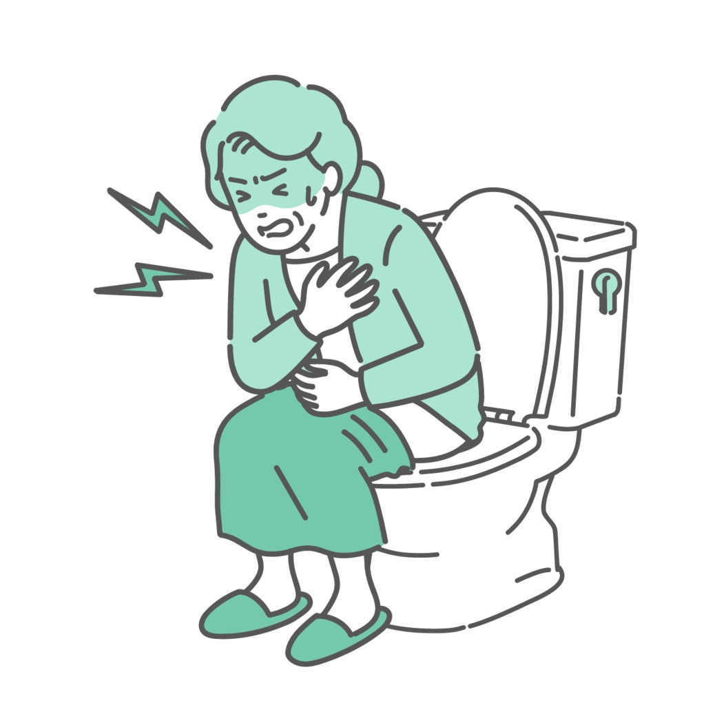 トイレでヒートショックを起こし胸を押さえる高齢女性(おばあさん)のイラスト