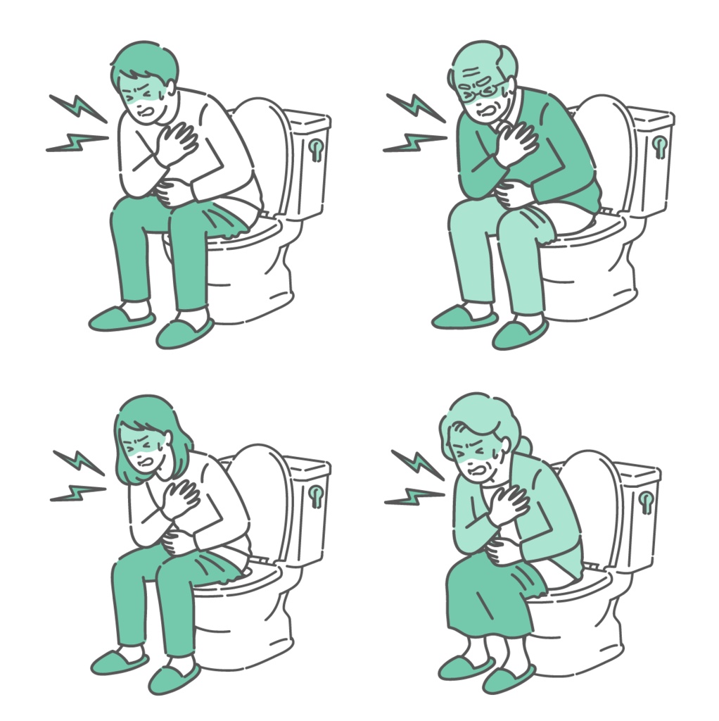 トイレでヒートショックを起こす人々のイラストセット(高齢者・若者・男女)