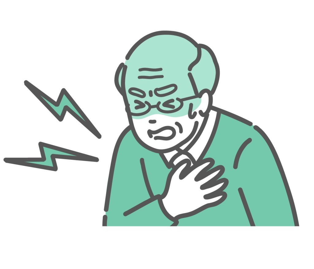 胸を押さえて苦しむ高齢男性のイラスト（心臓発作・胸痛・急病）