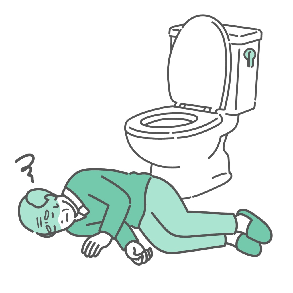 トイレで意識を失い倒れている高齢男性のイラスト（ヒートショック・失神）