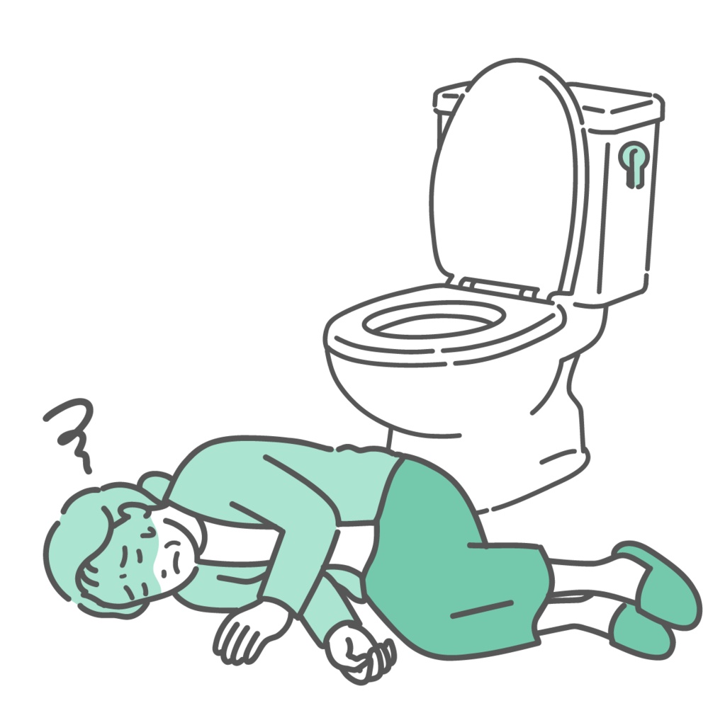 トイレで意識を失い倒れている高齢女性のイラスト(ヒートショック・失神)