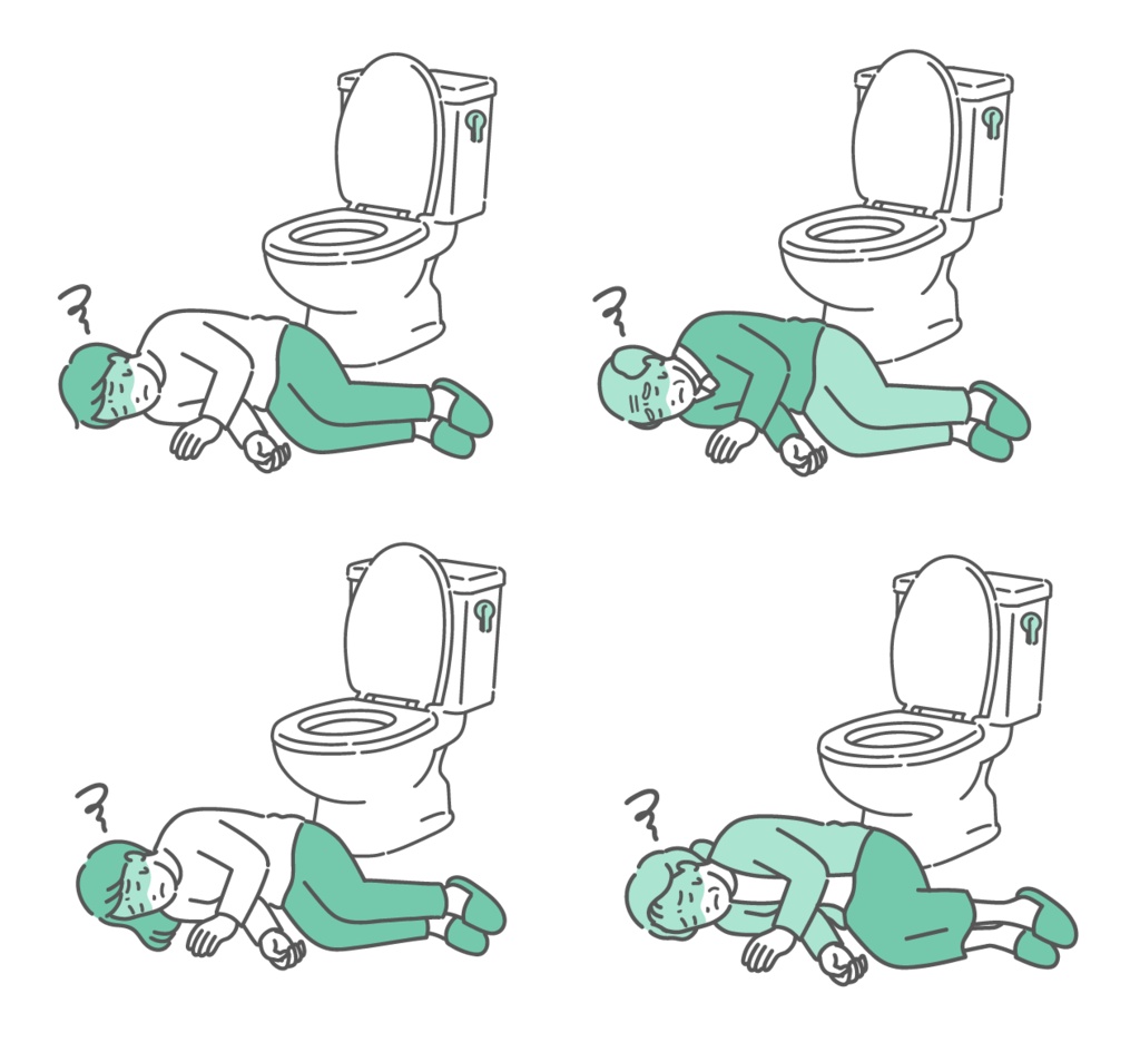 トイレで倒れている人々のイラストセット（ヒートショック・失神・意識不明）