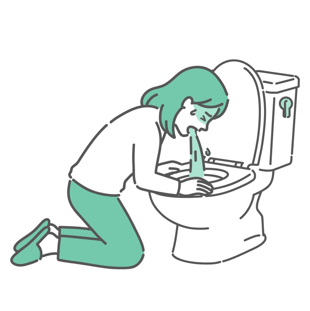 トイレで激しく嘔吐する女性のイラスト