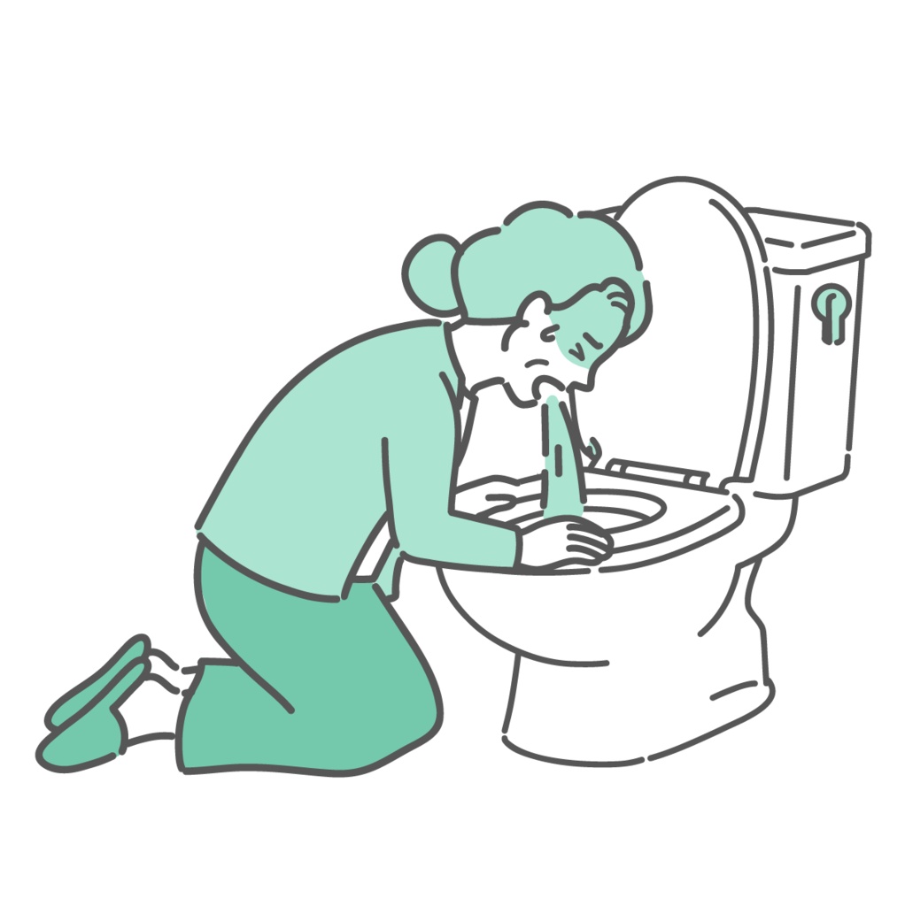 トイレで激しく嘔吐する高齢女性のイラスト