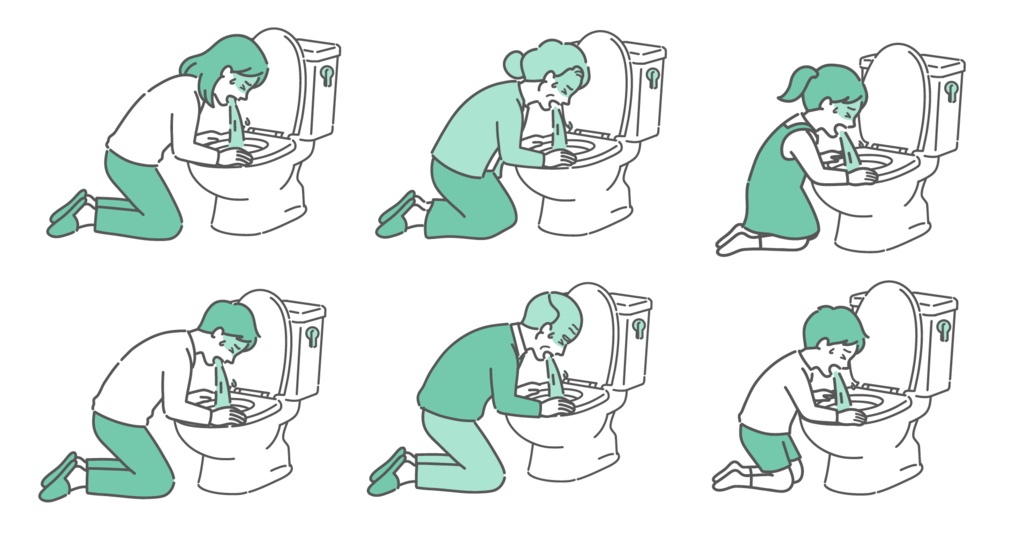 トイレで嘔吐する人々のイラストセット(男女・子供・高齢者)