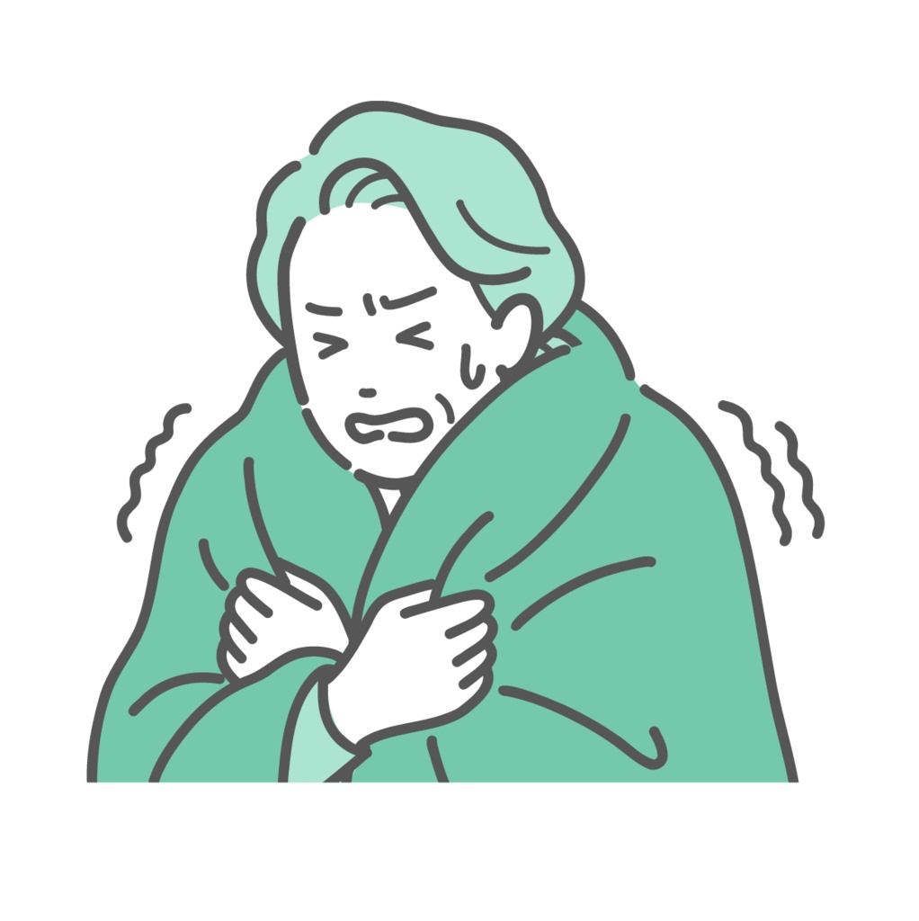 寒気でガタガタ震える高齢女性のイラスト
