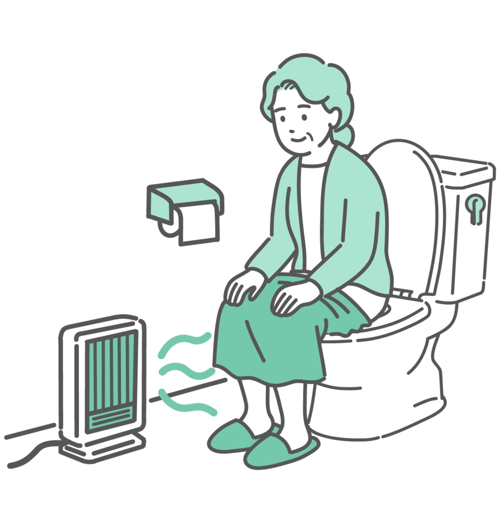 トイレのヒートショック対策・足元ヒーターで暖まる高齢女性