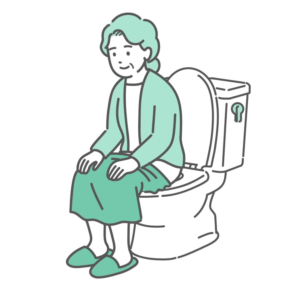 トイレに座ってリラックスしている高齢女性のイラスト（快便・排泄・介護）