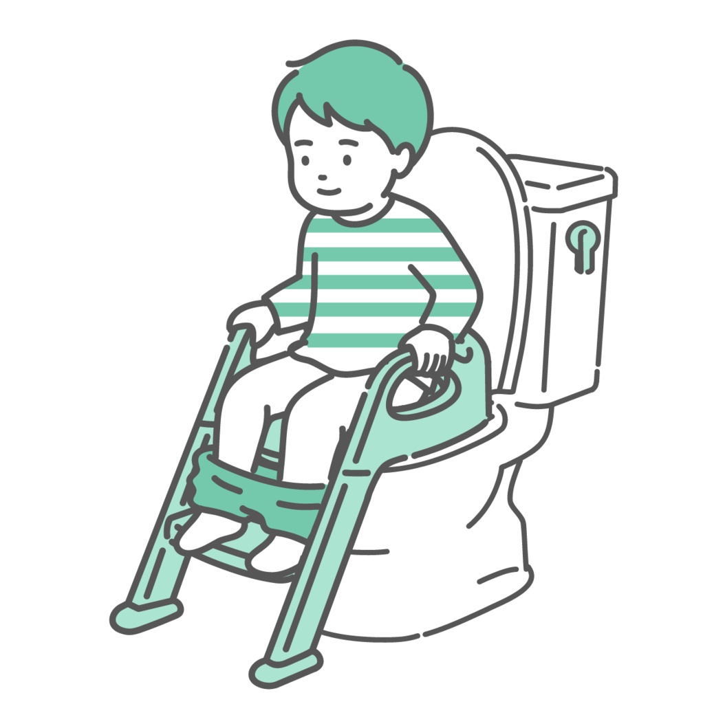 補助便座とステップを使ってトイレトレーニングをする男の子のイラスト（トイトレ・成功）