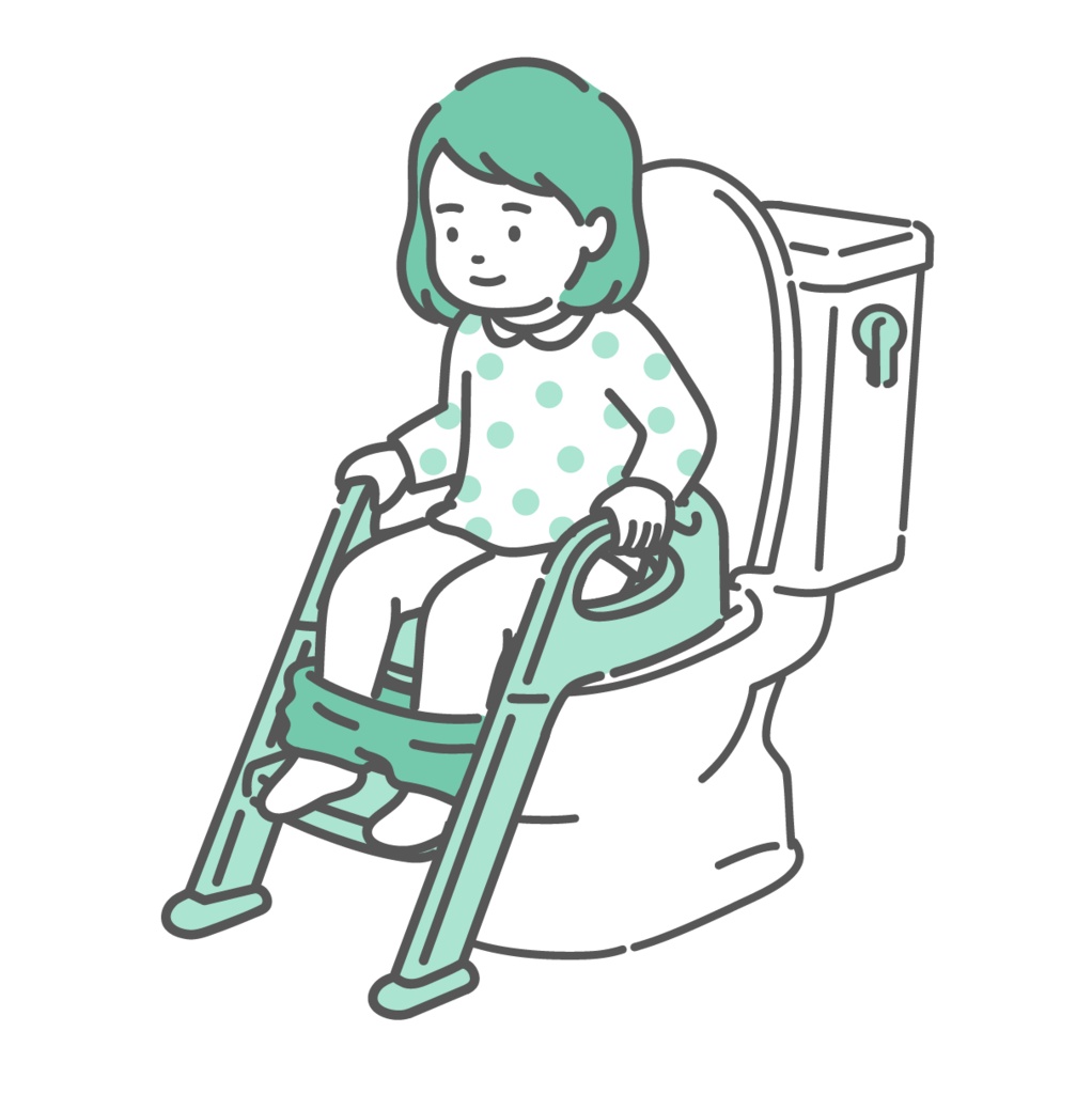補助便座とステップを使ってトイレトレーニングをする女の子のイラスト（トイトレ・成功）