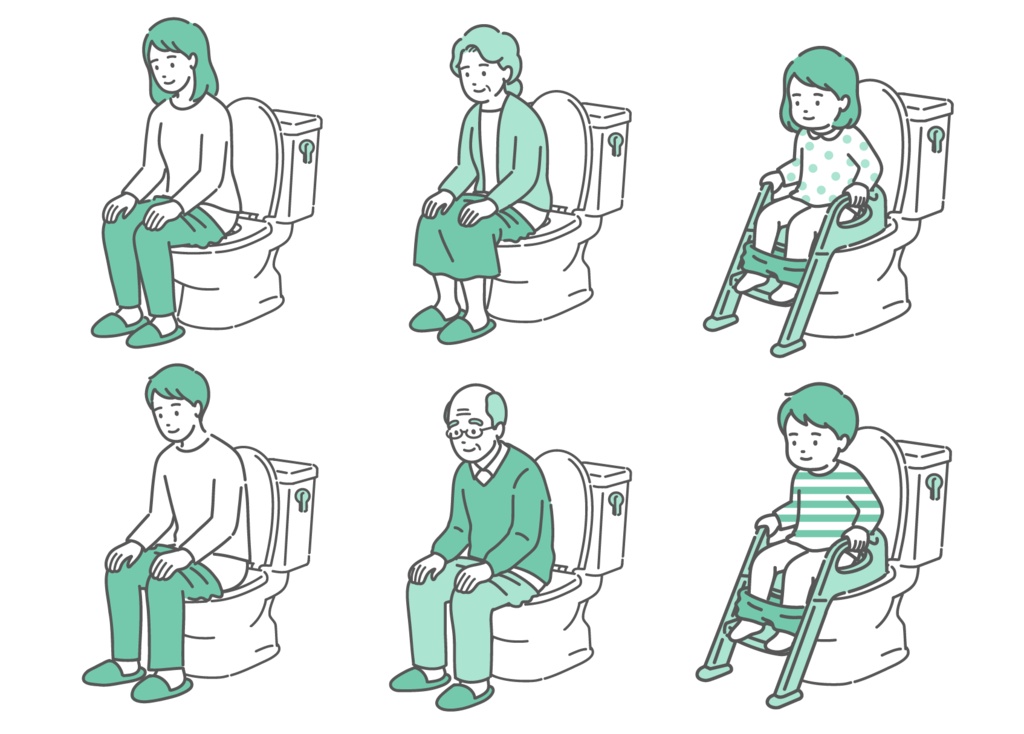 トイレに座る人々のイラストセット(全世代・男女・子供・快便・リラックス)