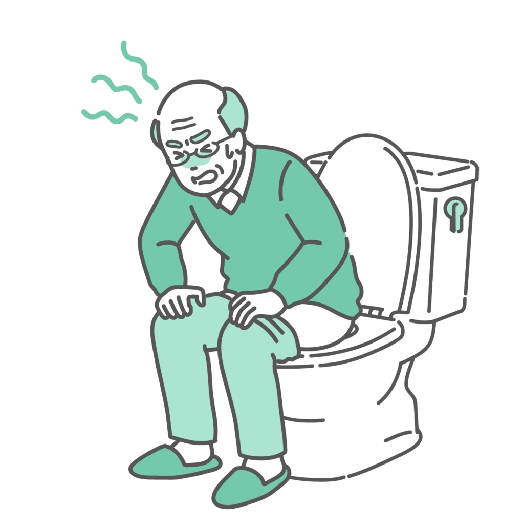 トイレでいきむ・苦しむ高齢男性のイラスト（便秘・下痢・腹痛）