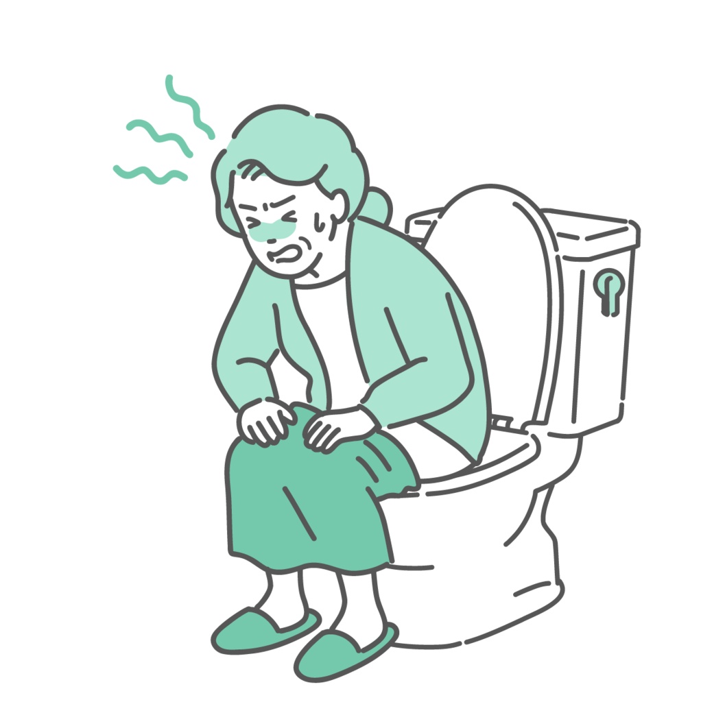 トイレでいきむ・苦しむ高齢女性のイラスト(便秘・下痢・腹痛・ヒートショック)