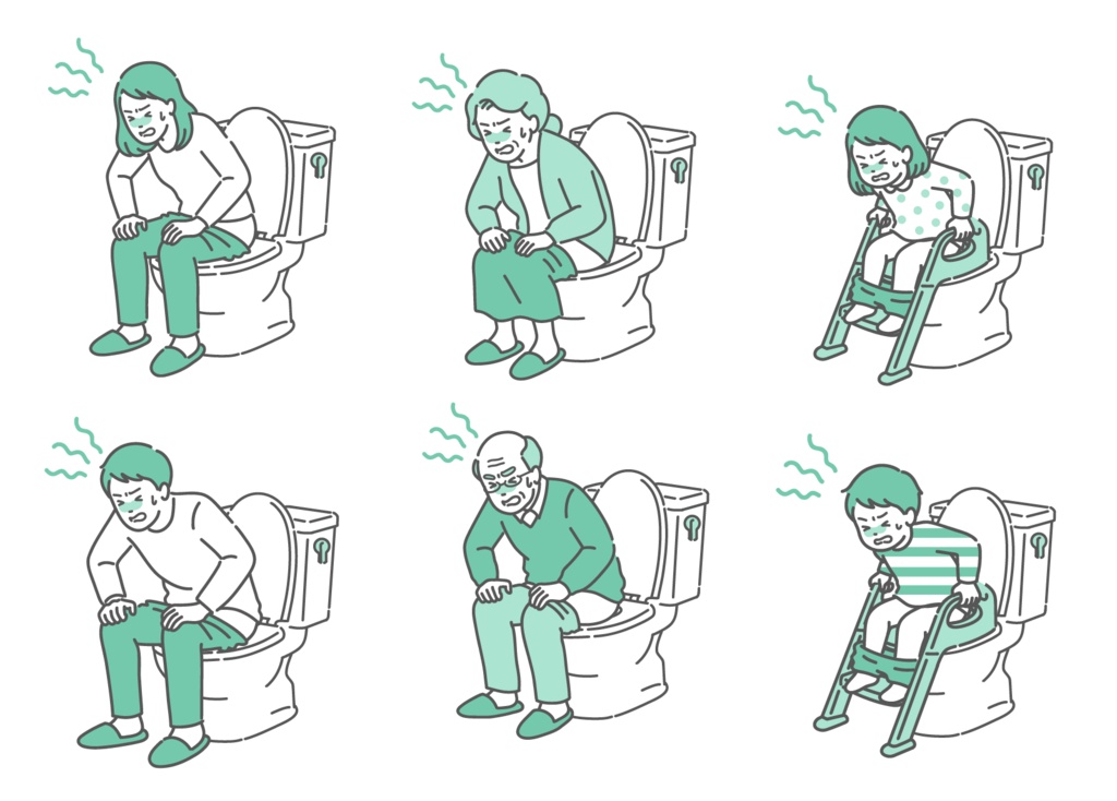 トイレで苦しむ人々のイラストセット（全世代・男女・子供・便秘・下痢・腹痛）