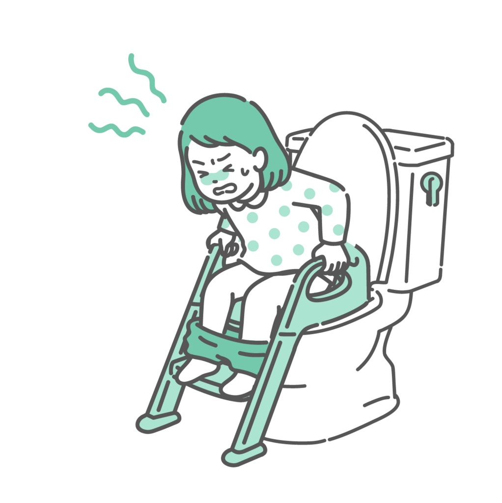 トイレでいきむ・お腹を押さえて苦しむ女の子のイラスト（便秘・下痢・腹痛・トイトレ）