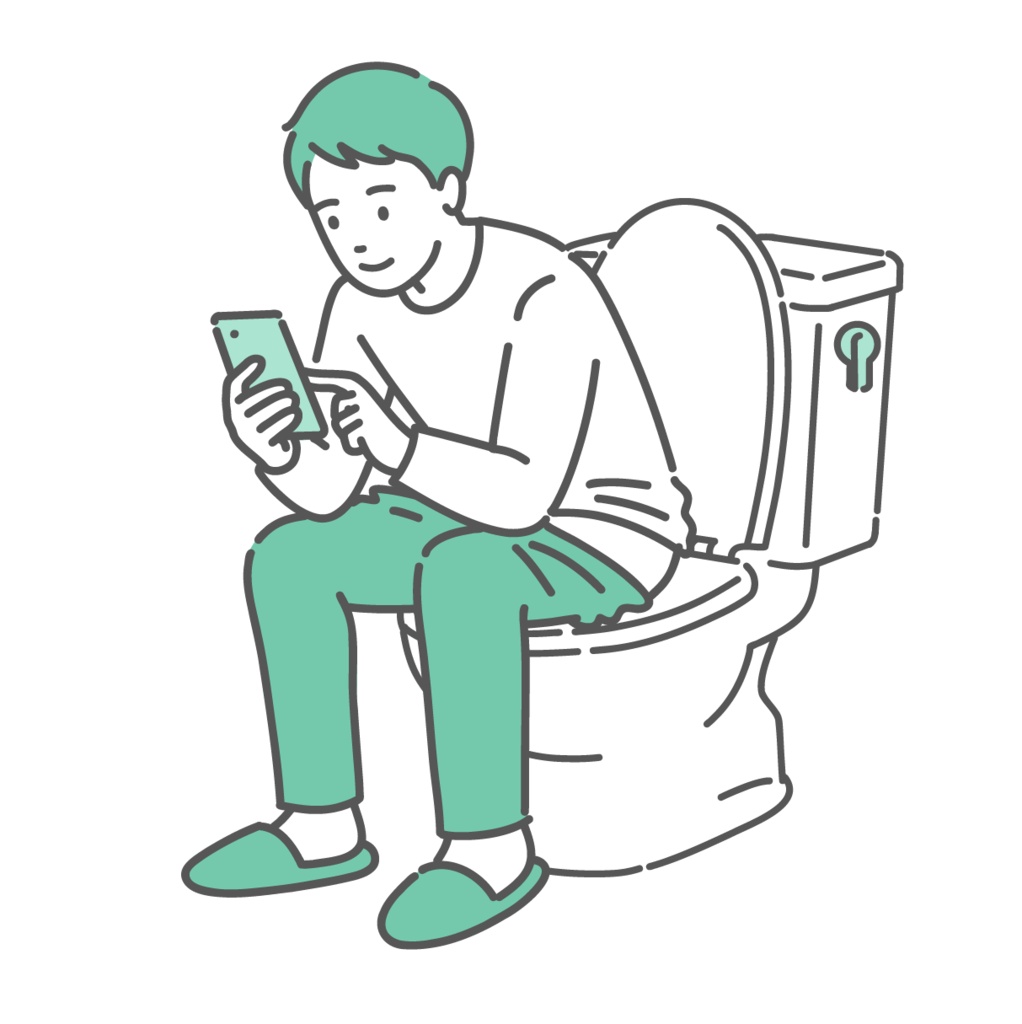トイレでスマホを見る男性のイラスト(ながらスマホ・長居・痔の原因)