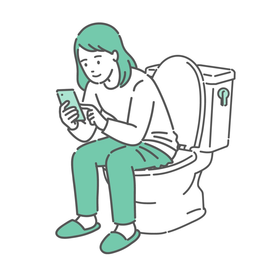 トイレでスマホを見る女性のイラスト（ながらスマホ・長居・便秘・生理管理）