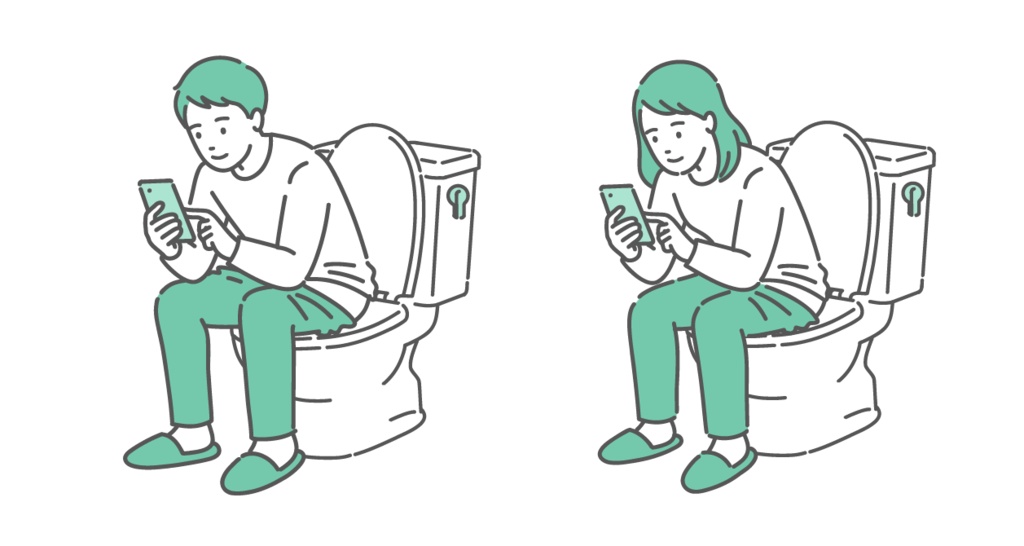 トイレでスマホを操作する男女のイラストセット（長居・ながらスマホ・生活習慣）