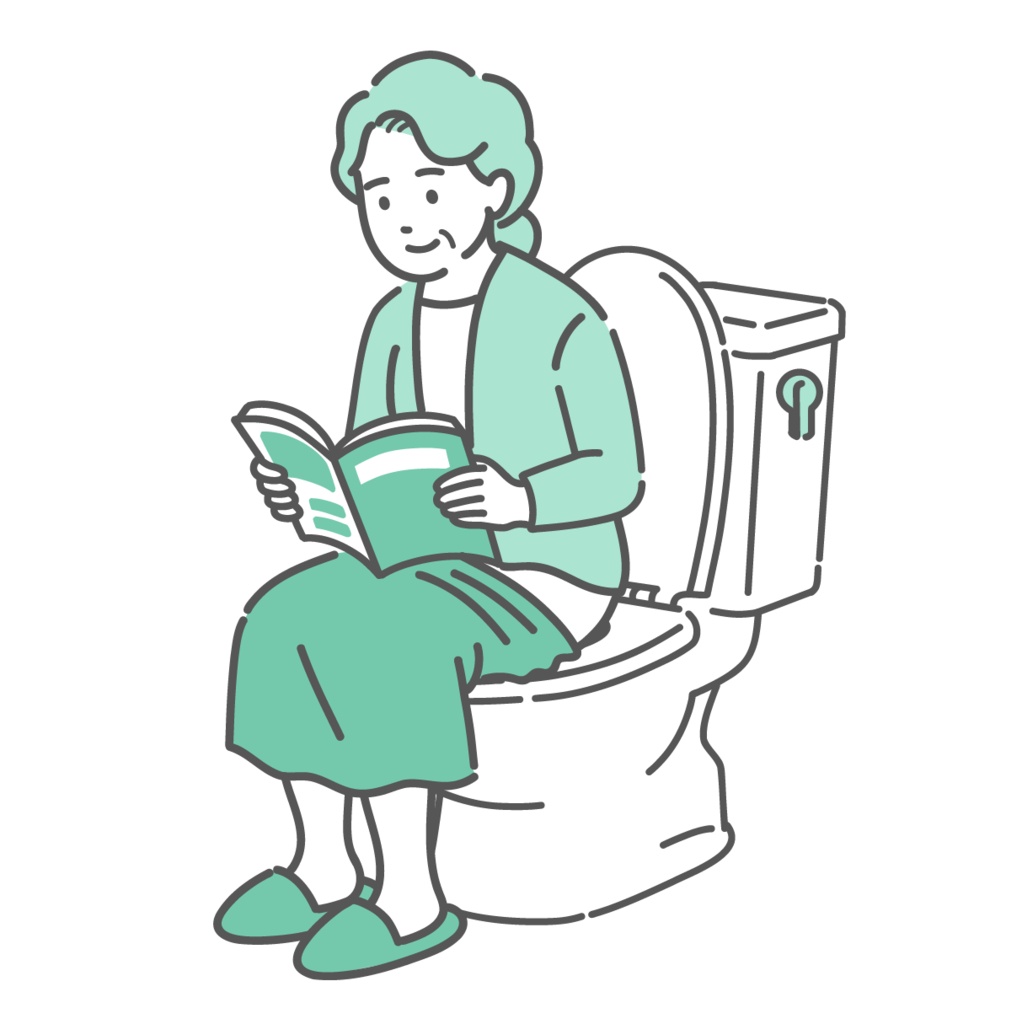 トイレで本を読む高齢女性のイラスト（読書・長居・痔の原因・ヒートショック）
