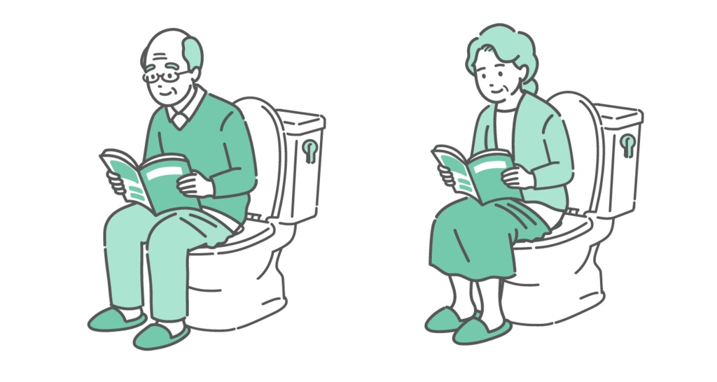 トイレで本を読む高齢男女のイラストセット(読書・長居・痔の原因・ヒートショック)