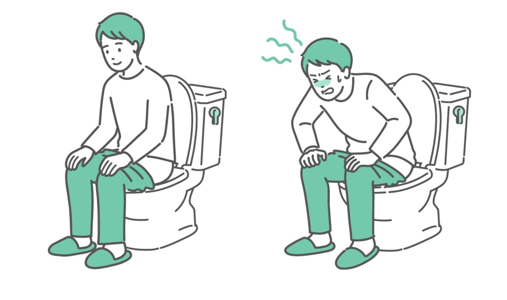 トイレでの「快便(理想の状態)」と「便秘・腹痛(悩みの状態)」の比較イラスト