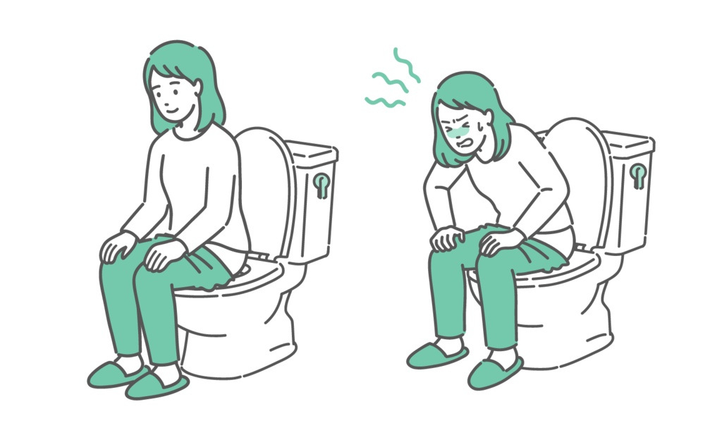 トイレに座る女性のビフォーアフターイラスト（快便と便秘・生理痛・比較・改善）
