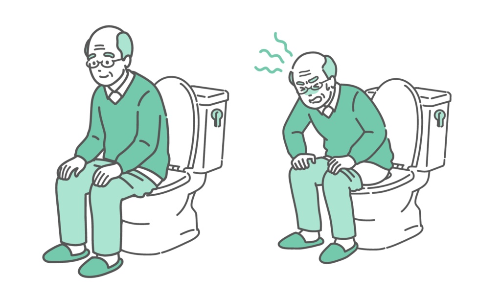 トイレに座る高齢男性のビフォーアフターイラスト（快便と便秘・前立腺肥大・比較）