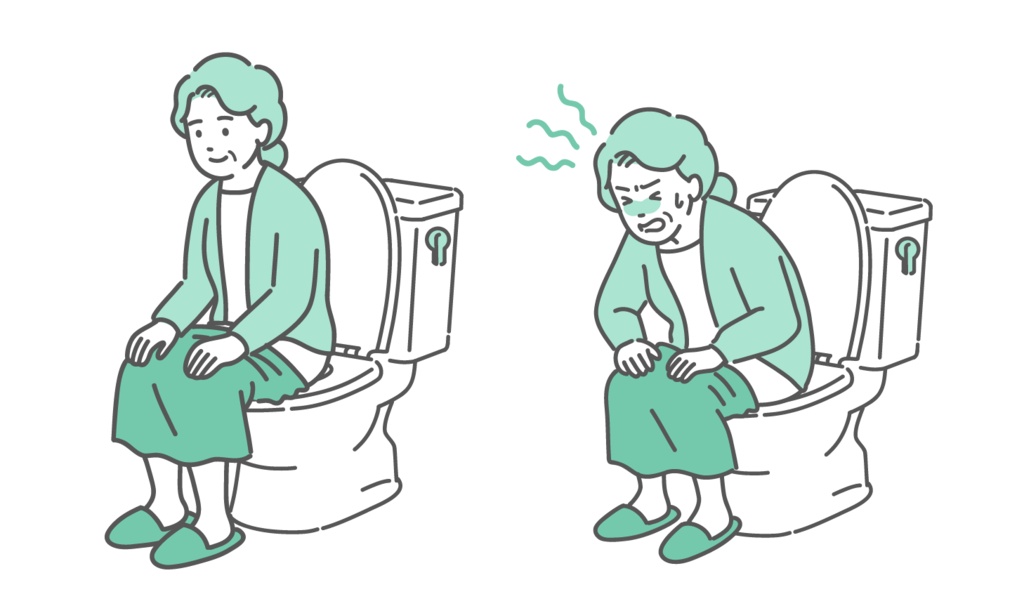 トイレに座る高齢女性のビフォーアフターイラスト（快便と便秘・ヒートショック・比較）