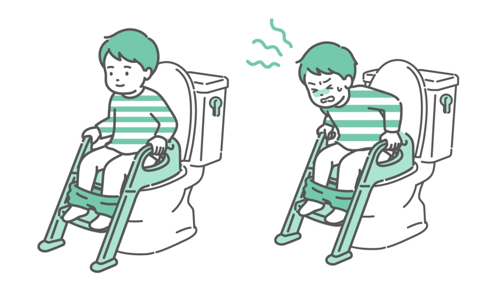 トイレに座る男の子のビフォーアフターイラスト（快便と便秘・トイトレ・比較）