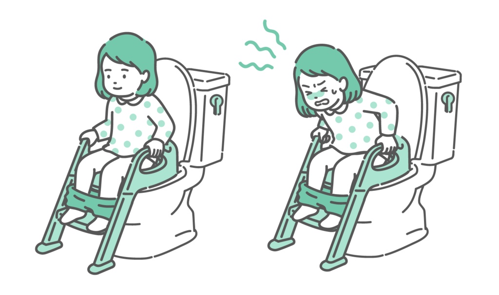 トイレに座る女の子のビフォーアフターイラスト（快便と便秘・トイトレ・比較）