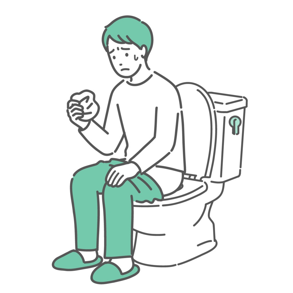 トイレで紙を見て血便や痔を確認する男性のイラスト（セルフチェック・不安）