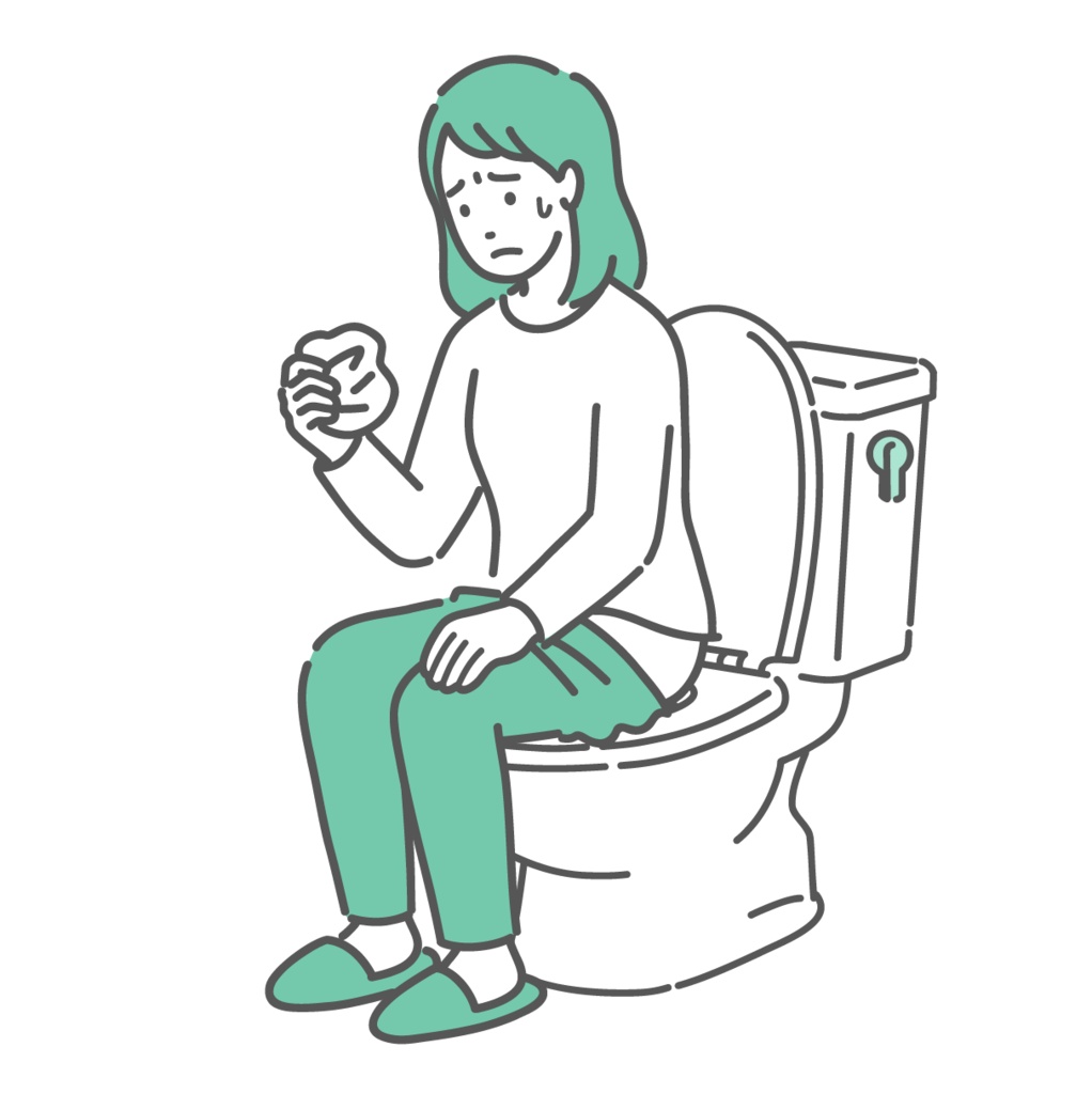 トイレで紙を見て生理やおりもの、血便を確認する女性のイラスト（不正出血・不安）