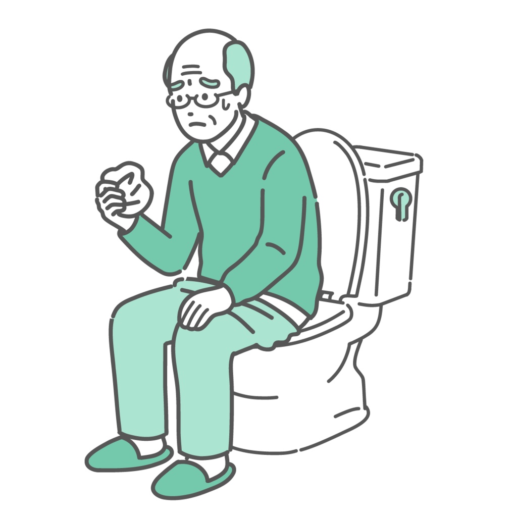 トイレで紙を見て血便や異常を確認する高齢男性のイラスト（セルフチェック・不安）