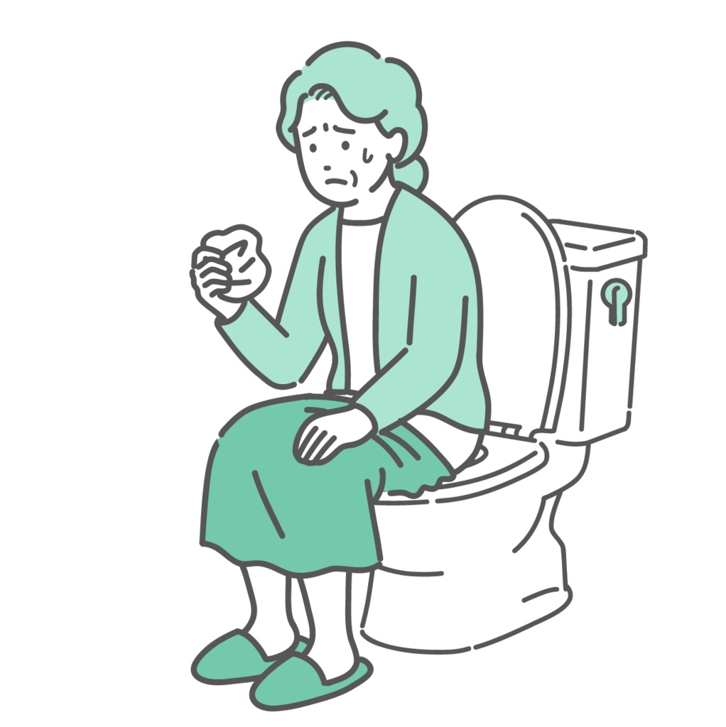 トイレで紙を見て血便や不正出血を確認する高齢女性のイラスト（セルフチェック・不安）