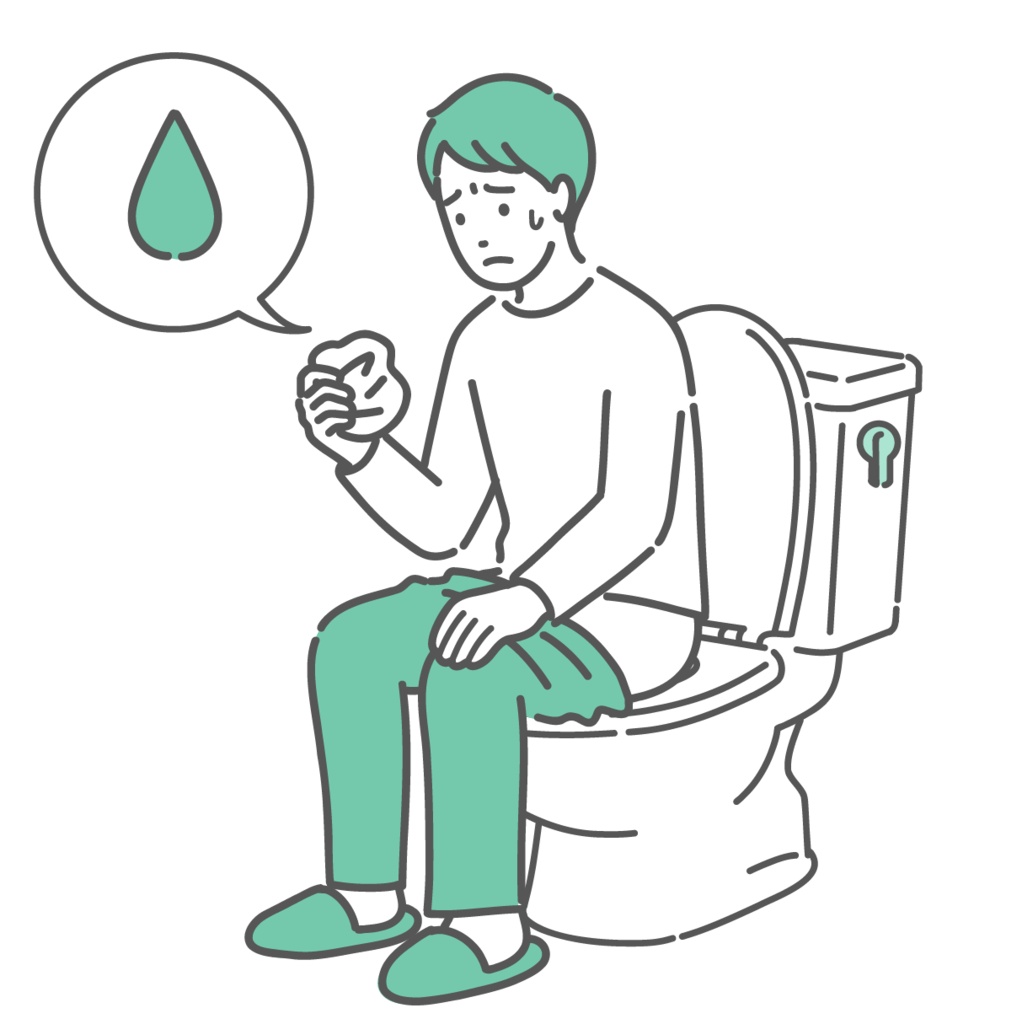 トイレで紙を見て出血や分泌物を確認する男性のイラスト（血便・尿漏れ・雫アイコン）