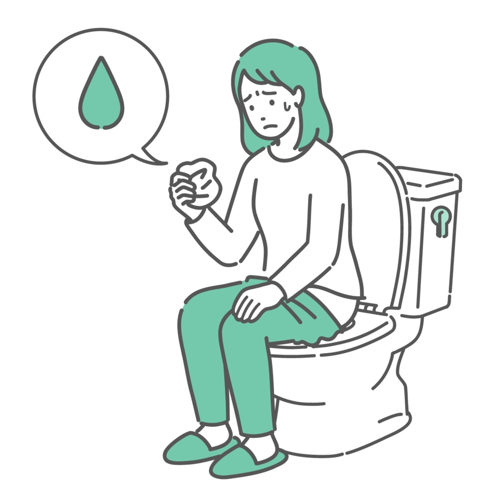 トイレで紙を見て経血やおりもの、尿漏れを確認する女性のイラスト（不正出血・雫アイコン）