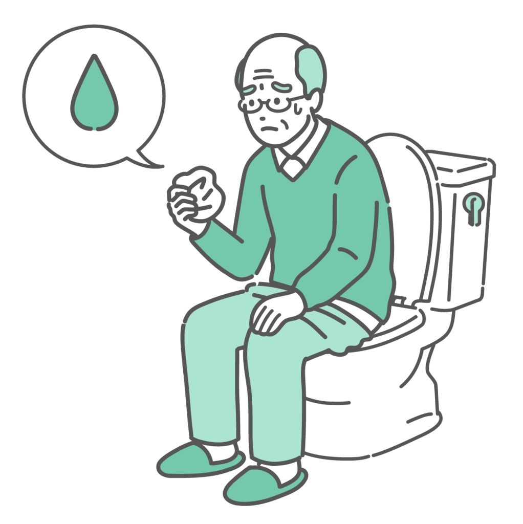 トイレで紙を見て尿漏れや異常を確認する高齢男性のイラスト（尿失禁・前立腺肥大・雫アイコン）