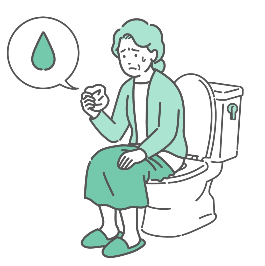 トイレで紙を見て尿漏れや出血を確認する高齢女性のイラスト（尿失禁・不正出血・雫アイコン）