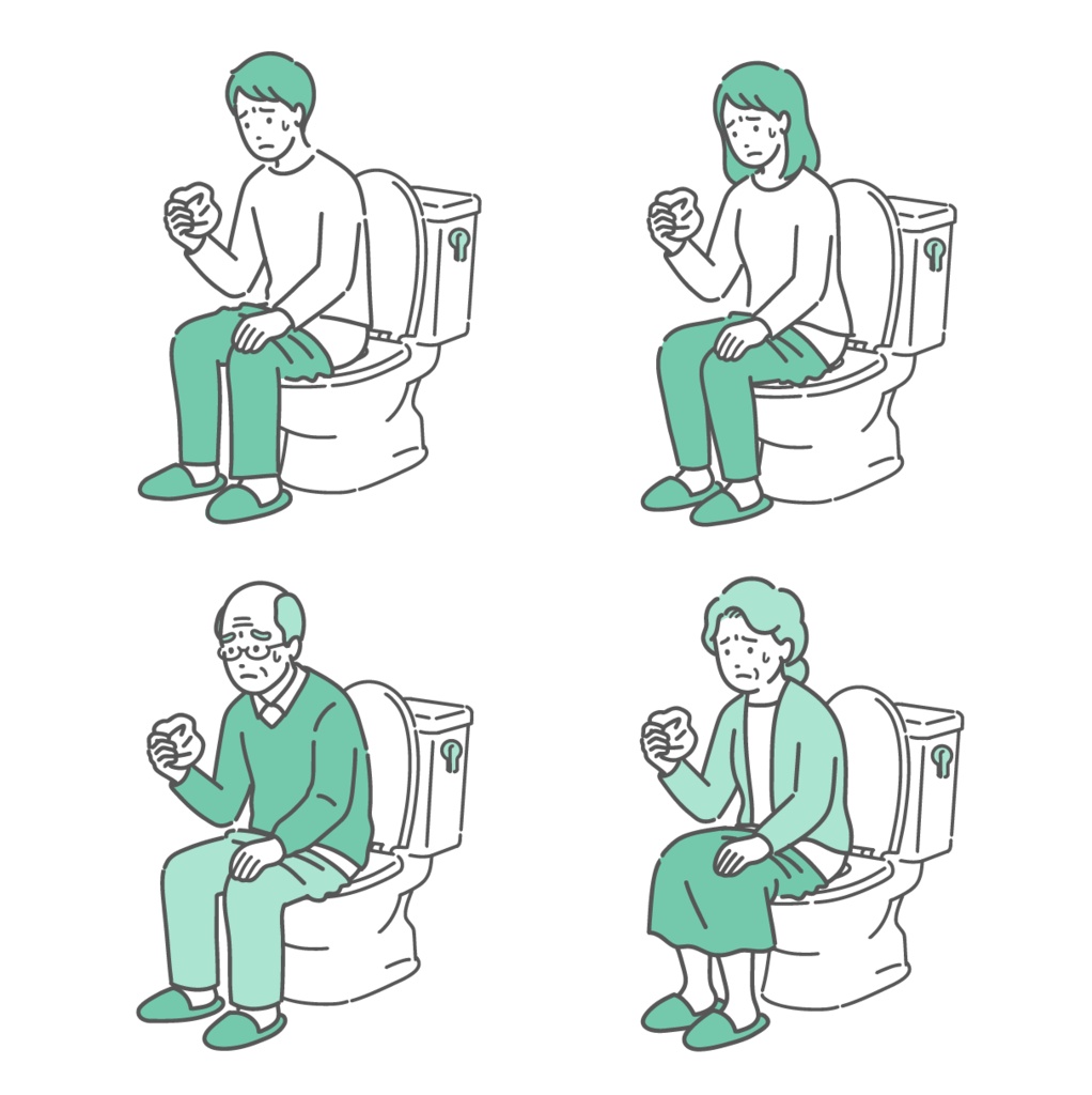 トイレで紙を見て健康チェックする男女・高齢者のイラストセット（血便・検診・早期発見）