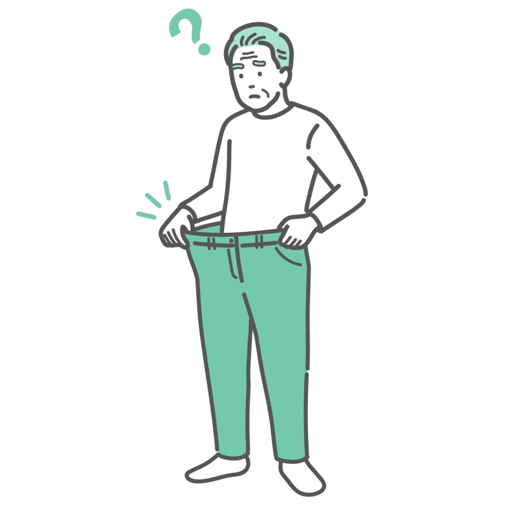急激に痩せてズボンがブカブカになった高齢男性のイラスト（サルコペニア・フレイル・糖尿病）