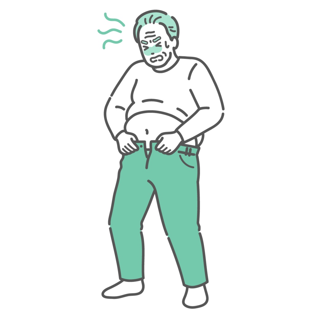 太ってズボンが入らない高齢男性のイラスト（肥満・メタボ・内臓脂肪）