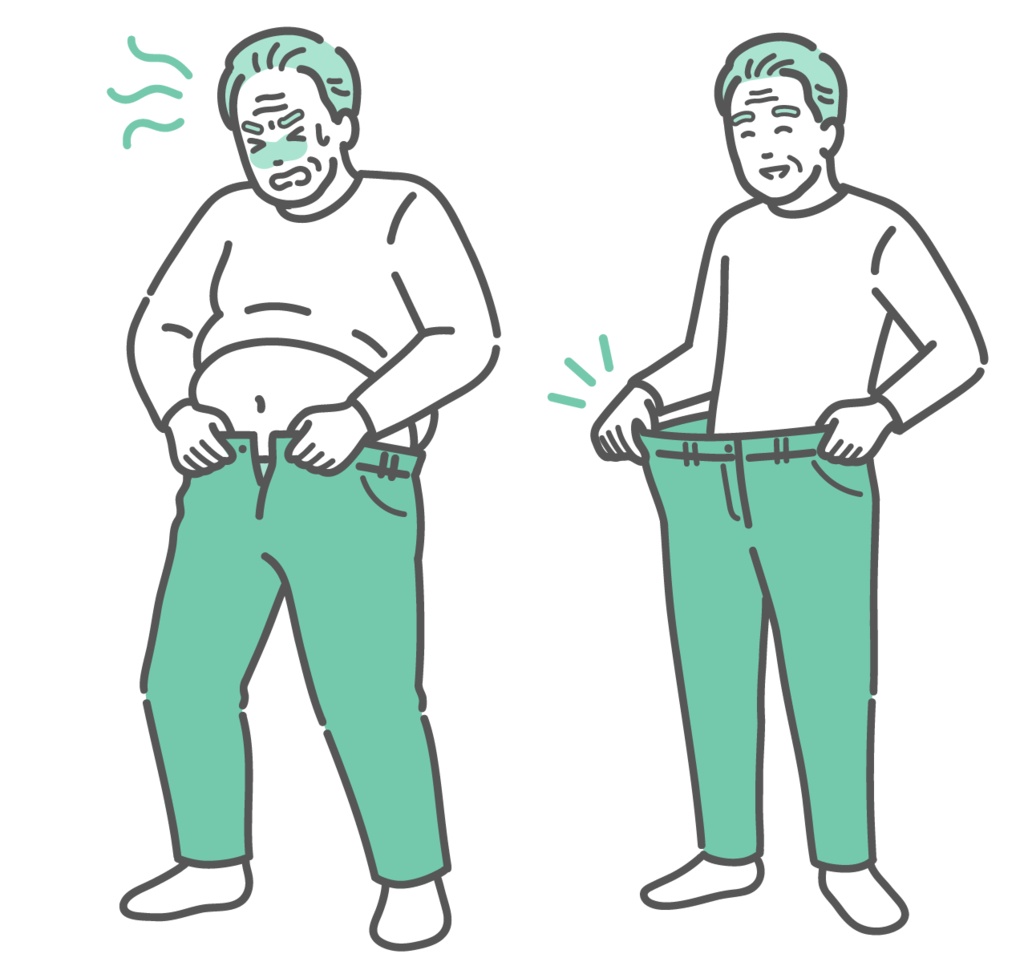 ダイエット・ビフォーアフターの高齢男性のイラストセット(肥満と減量成功・比較)