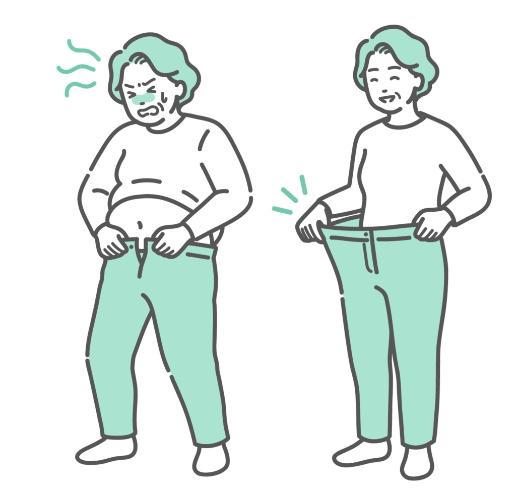 ダイエット・ビフォーアフターの高齢女性のイラストセット（肥満と減量成功・比較）