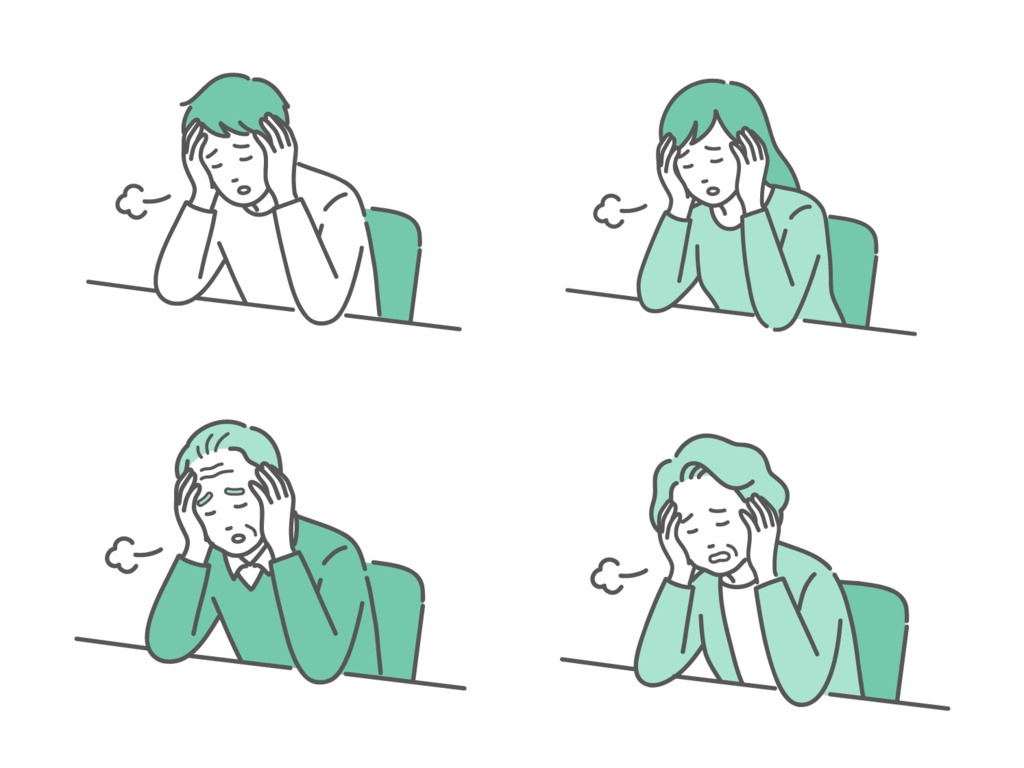 強い倦怠感とストレスに悩む老若男女のイラストセット（うつ病・過労・糖尿病）
