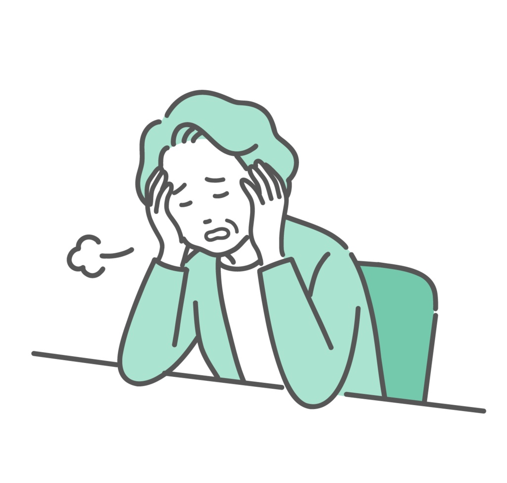 強い倦怠感とストレスに悩む高齢女性のイラスト（認知症・うつ病・フレイル）