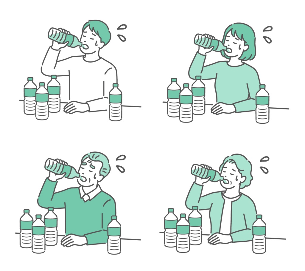 喉が渇いて水を飲む男女・高齢者のイラストセット（糖尿病・多飲・口渇・熱中症）