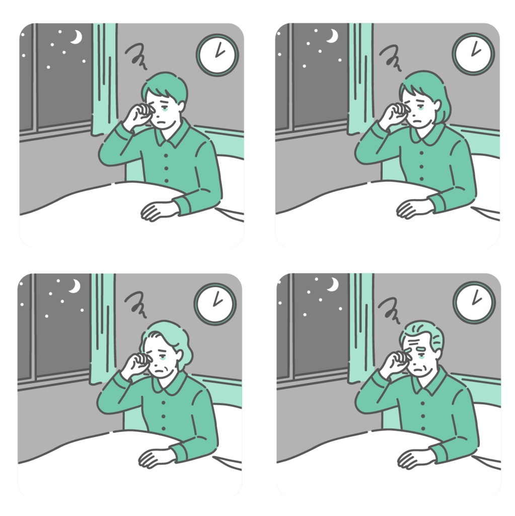 夜中に目が覚めて眠れない男女・高齢者のイラストセット（不眠症・中途覚醒・睡眠障害）