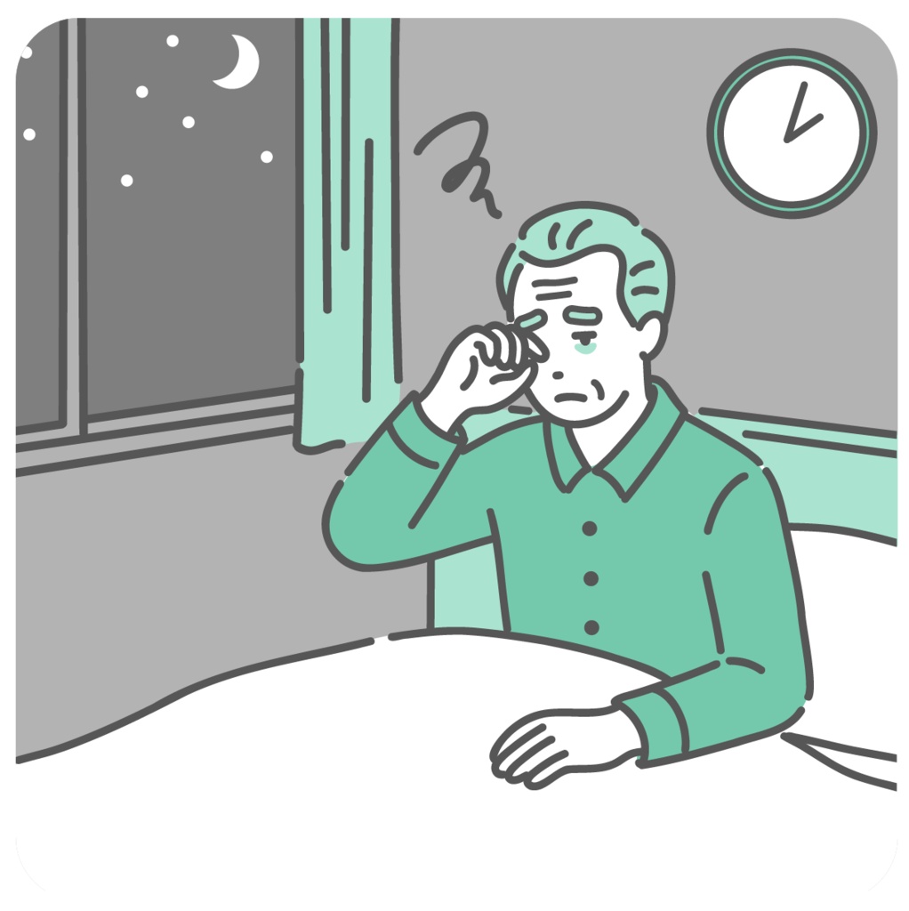 夜中に目が覚めて眠れない高齢男性のイラスト(不眠・中途覚醒・認知症)