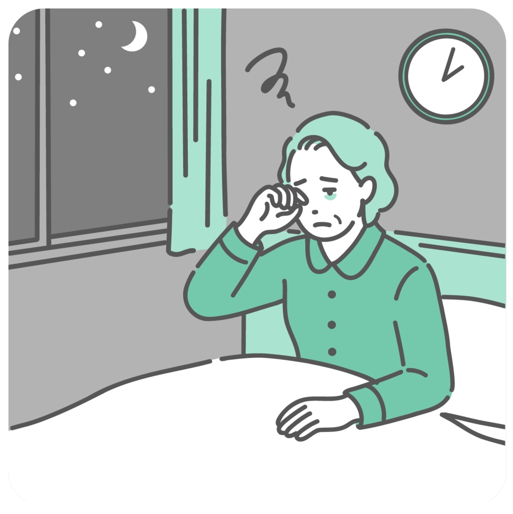 夜中に目が覚めて眠れない高齢女性のイラスト（不眠・中途覚醒・認知症）